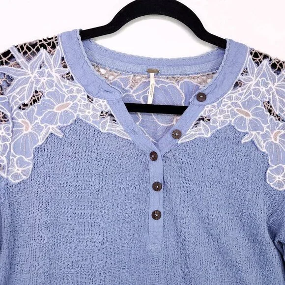 Free People Top Easy Breezy Lace Large Floral Applique Henley Long Sleeve Knit - Picture 6 of 14